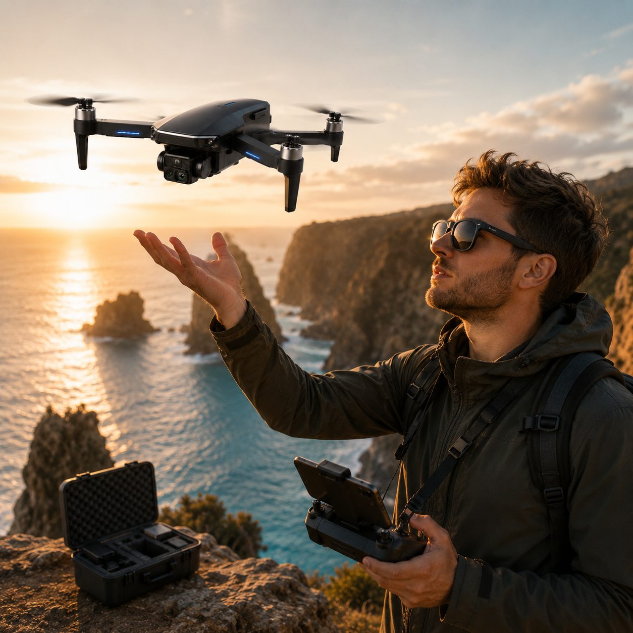 O dron Altano a aterrar na palma da mão de uma pessoa numa falésia ao pôr do sol