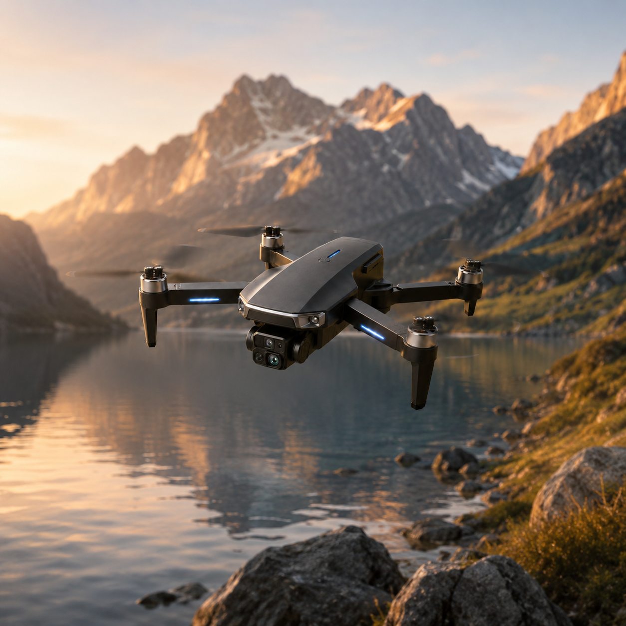 Vista aérea captada pelo dron Altano sobre um lago de montanha