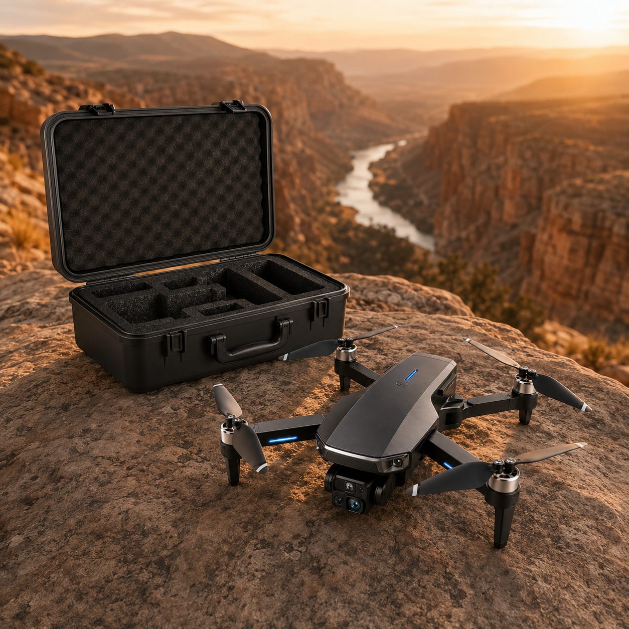 Dron Altano e mala de transporte abertos num desfiladeiro
