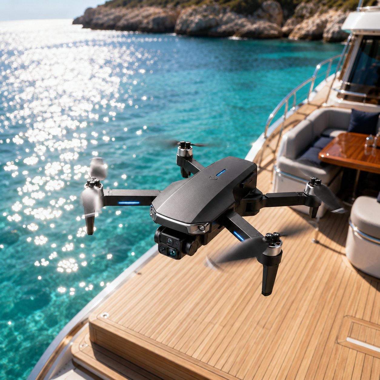 Dron Altano a descolar do convés de um barco sobre água turquesa