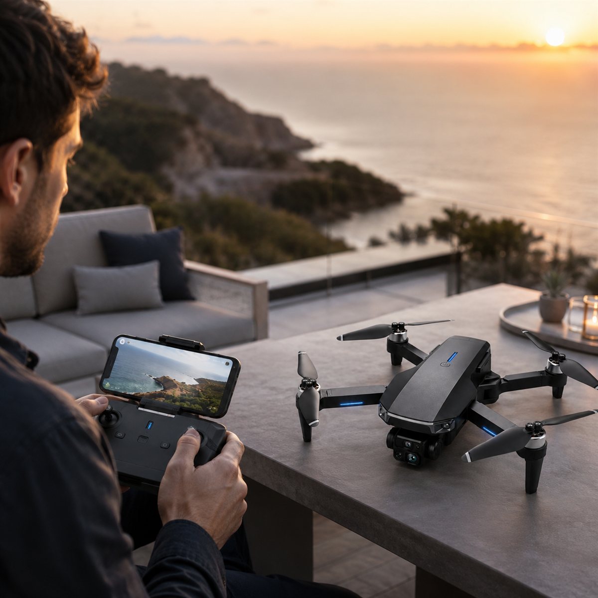 Pessoa a pilotar o dron Altano com o comando e o telemóvel encaixado a mostrar a imagem em direto