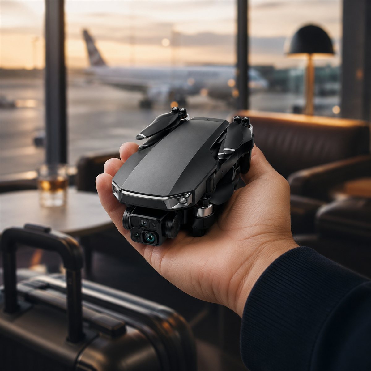 Dron Altano dobrado na mão, pronto para viajar, num aeroporto