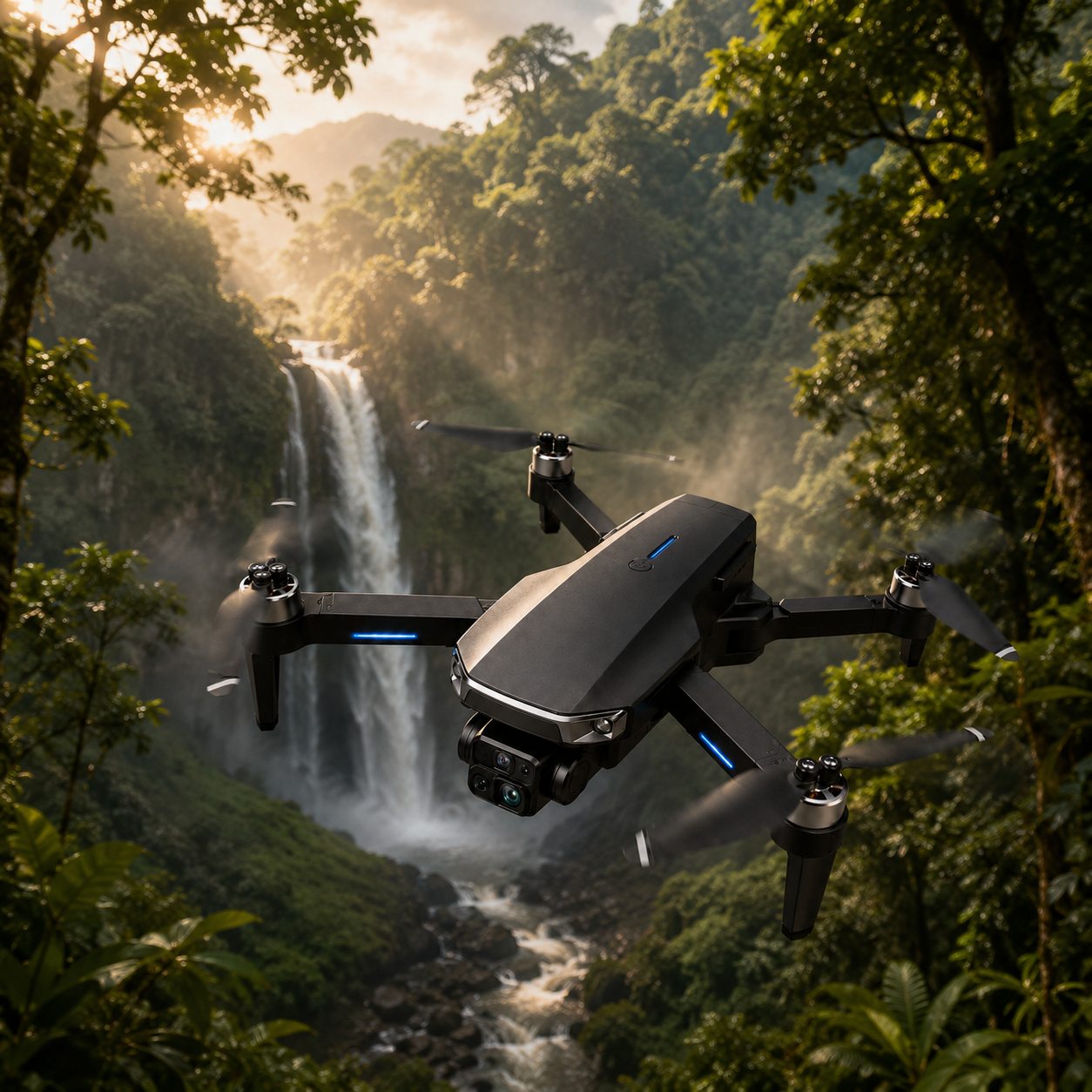 Dron Altano a filmar uma cascata numa paisagem verde